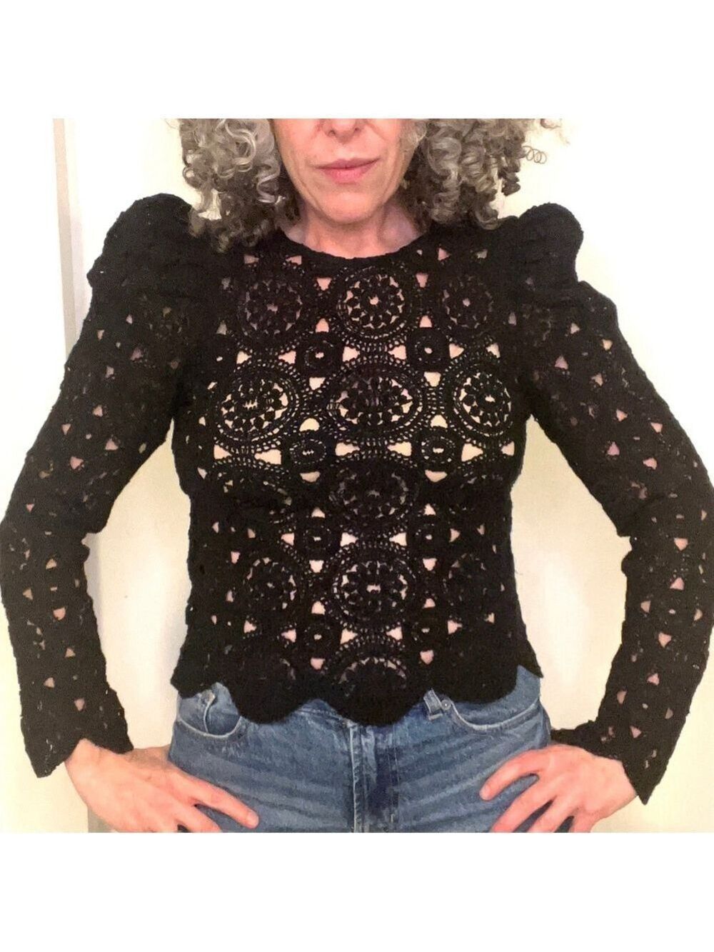 Black Lace Crochet Puff Sleeve Lace Top Goth Glam Romantic Boho Blouse XS-S